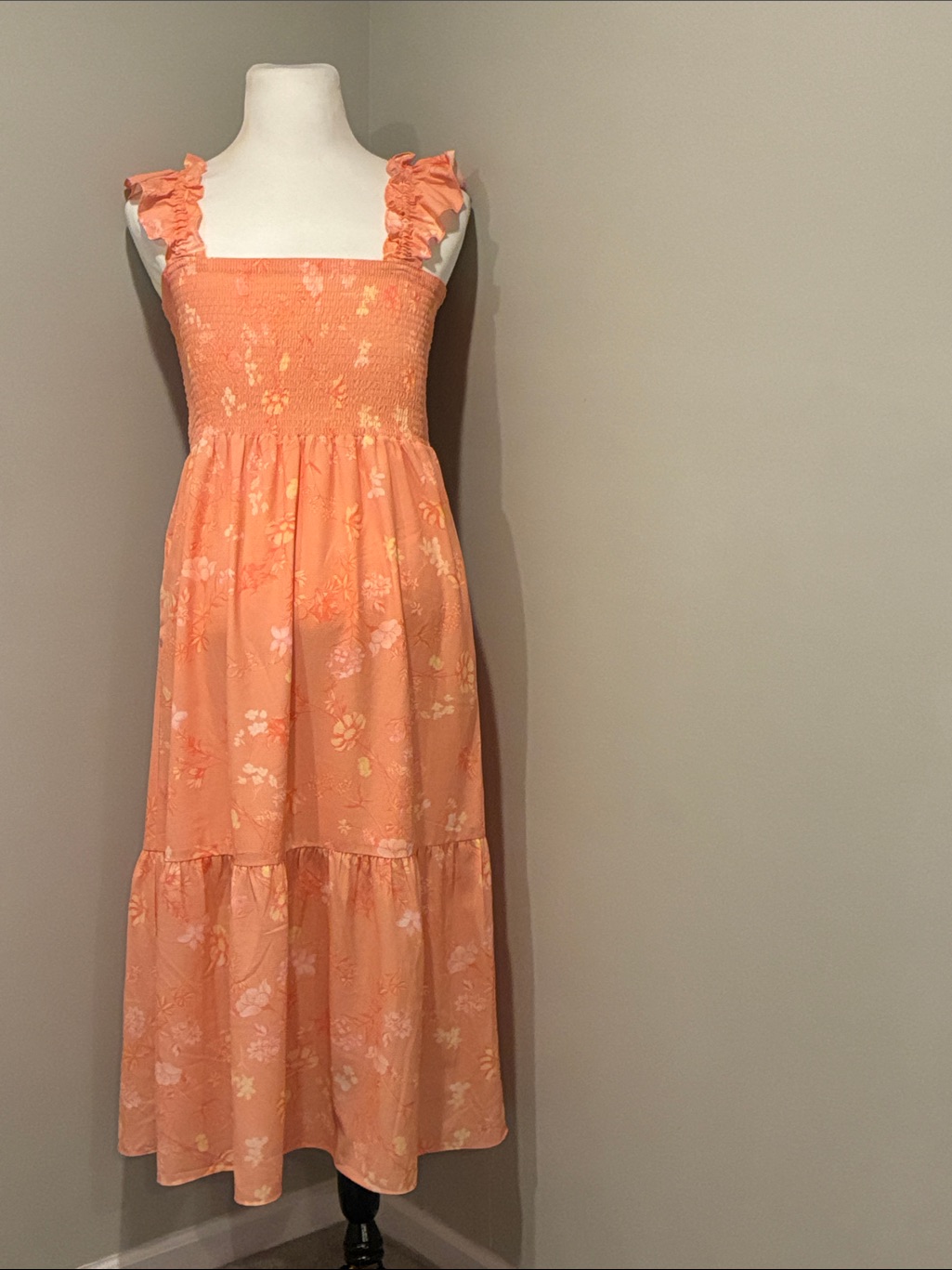 French Connection Pink Floral Smocked Midi Dress With Ruffle Straps Nwot — image 4 of 4